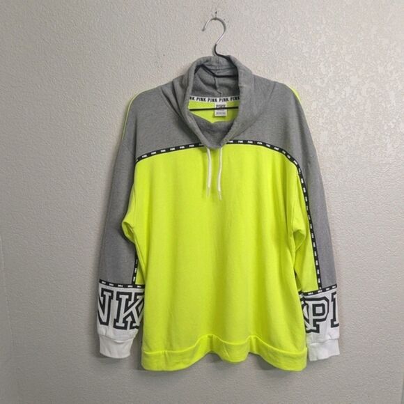 PINK By Victoria's Secret Neon Yellow Gray Sweatshirt Drawstring High Neck L - Picture 1 of 9